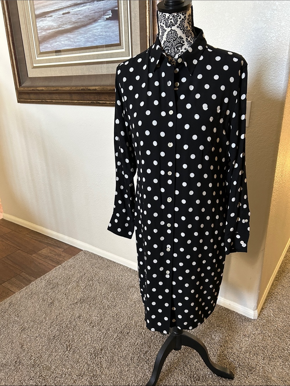 Lauren Ralph Lauren Black and White Polka Dot Silk Shirt Dress